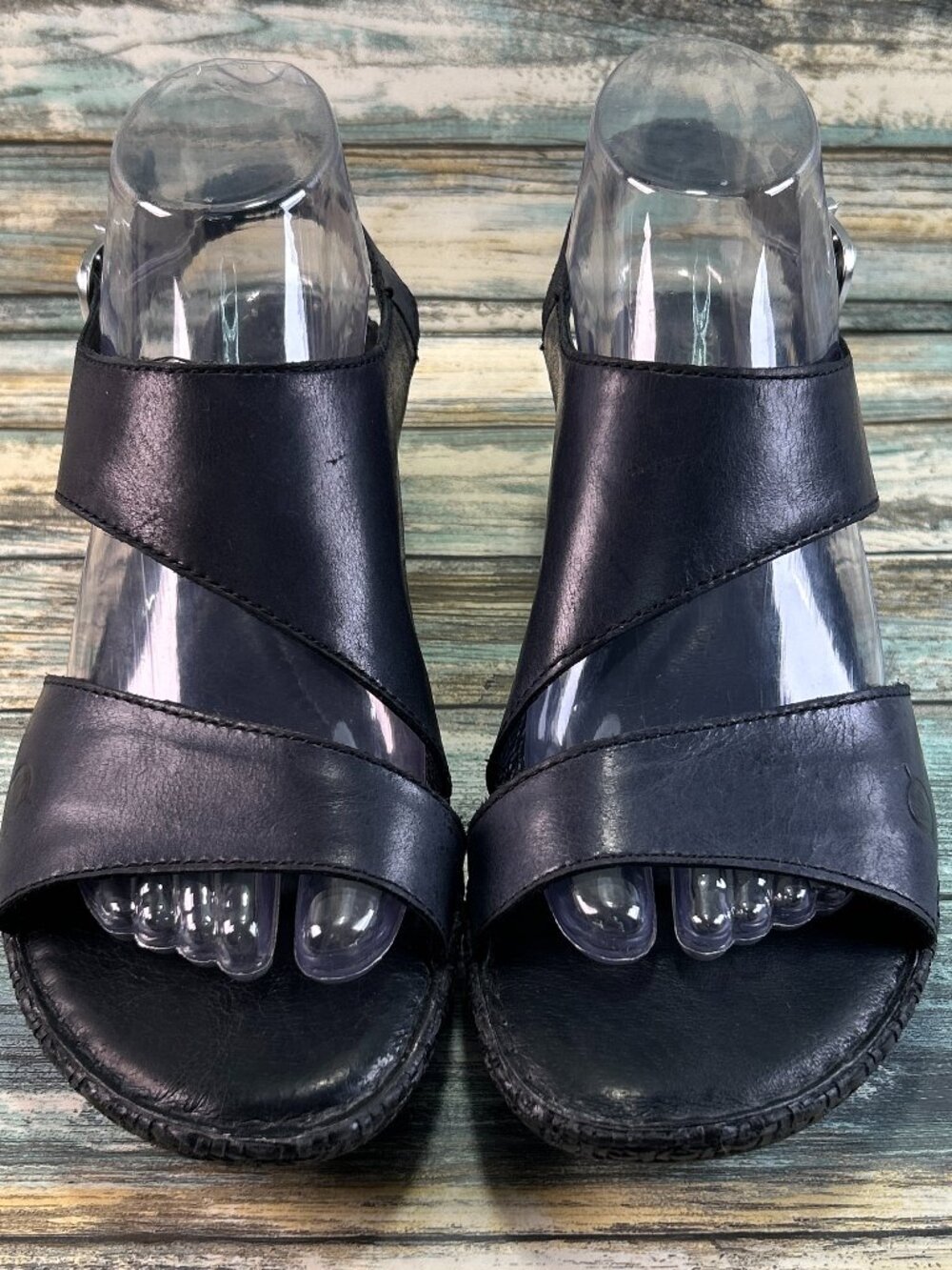 BORN Sandal 9 Basket Weave Print Wedge Heel Open Toe Comfort Casual Blue Leather